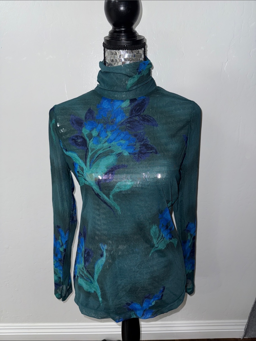 White House Black Market Teal Sheer Floral Turtleneck Sweater